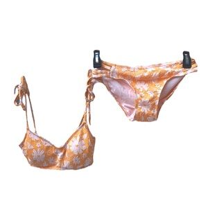 NWOT Xhilaration Orange White Floral Two Piece Bikini Tie Top & Bottom - Small